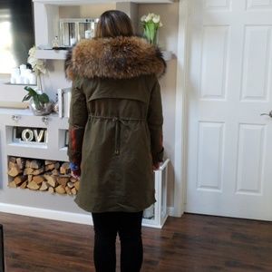 Military green parka jacket real fur